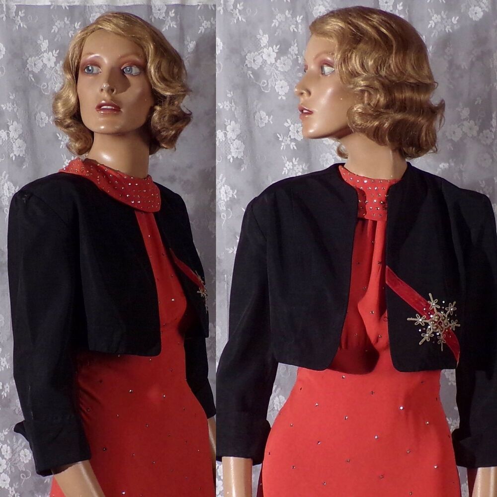 40s Bolero Jacket Vintage 1940s Black Faille Cropped Evening Fancy Size Small